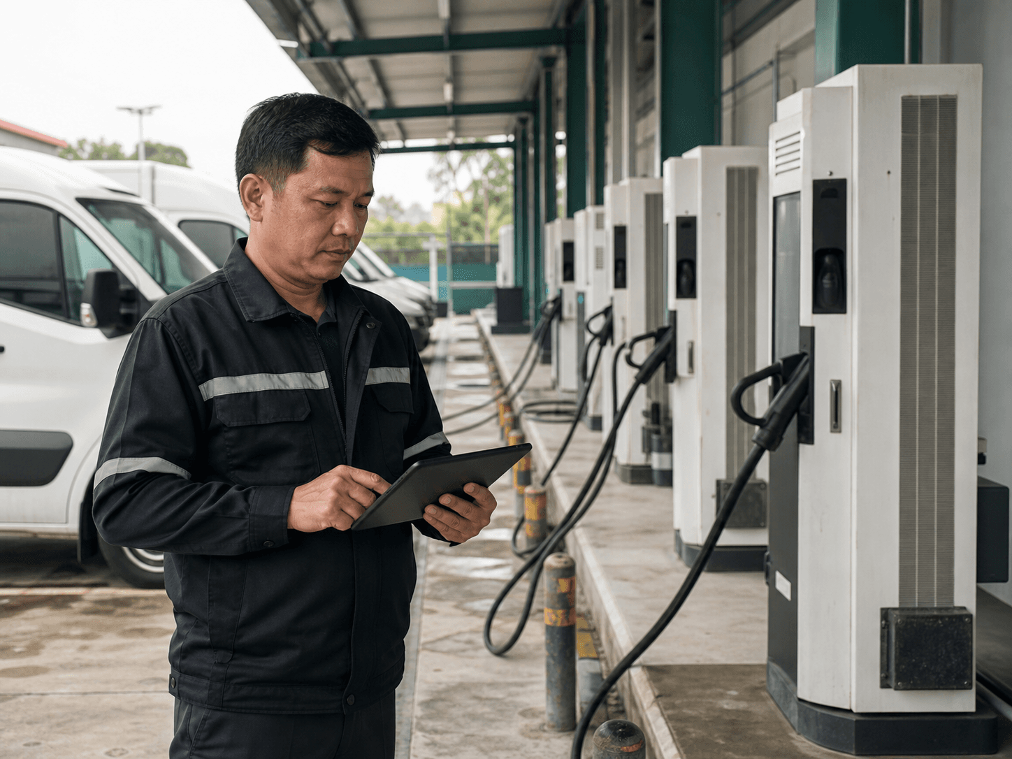An operations manager checking charging equipment at a fleet depot