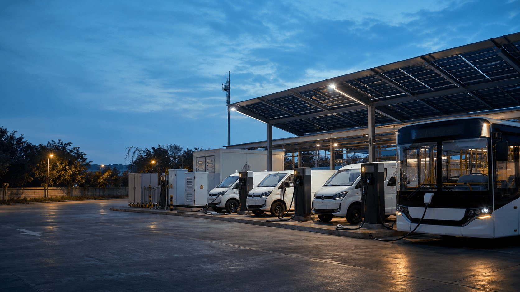 Electric fleet vehicles charging under a solar canopy at blue hour
